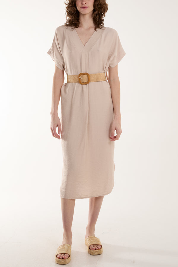 Qed London Bellted V-Neck Short Sleeve Midi Dress