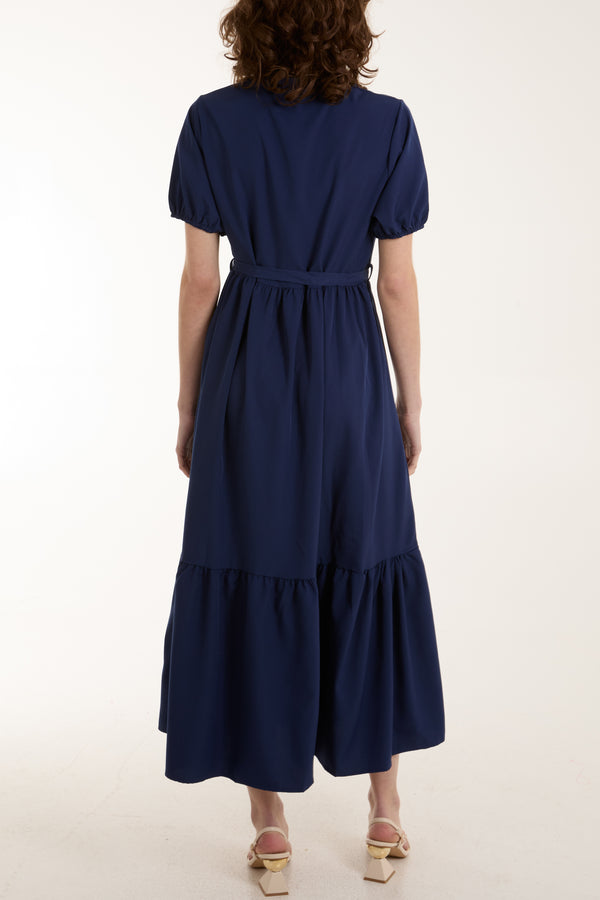 Qed London Belted Button Tiered Maxi Dress