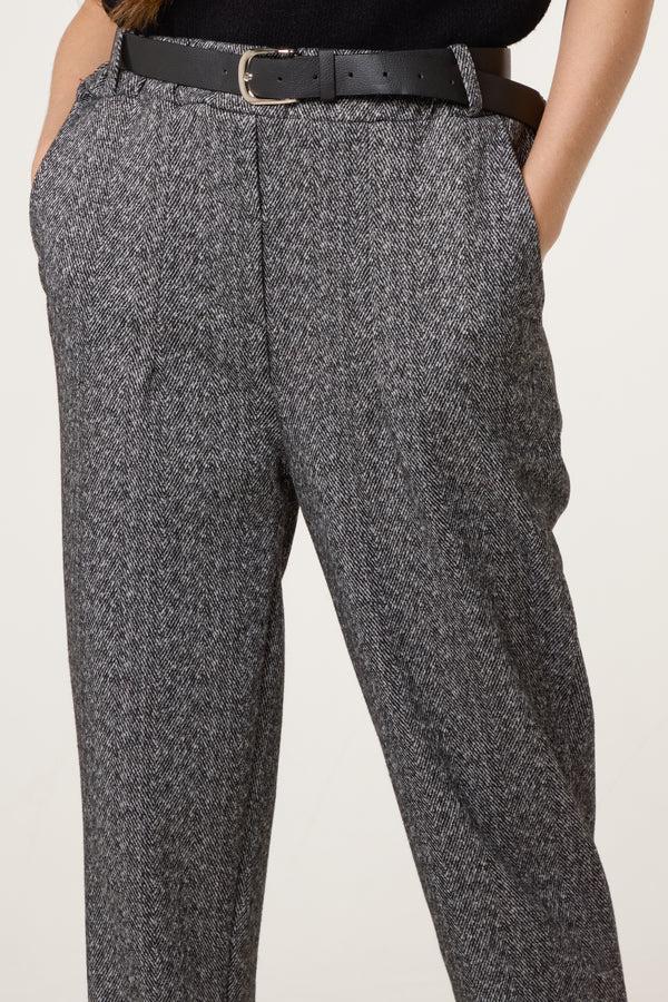 Qed London Belted Herringbone Trousers