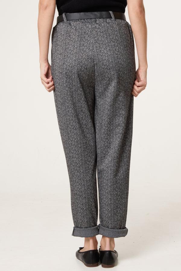 Qed London Belted Herringbone Trousers