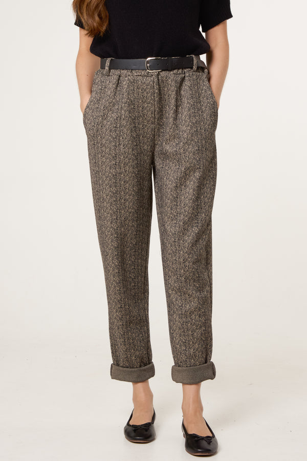 Qed London Belted Herringbone Trousers