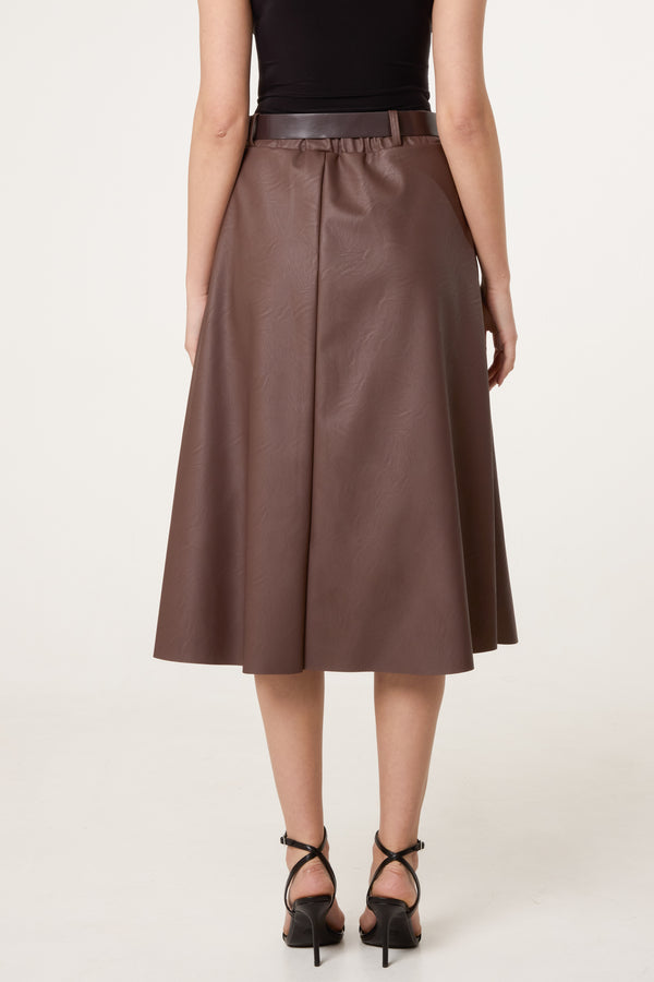 Qed London Belted Leather Like Swing Skirt