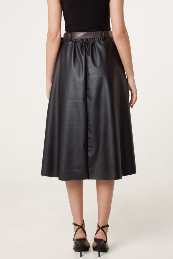 Qed London Belted Leather Like Swing Skirt