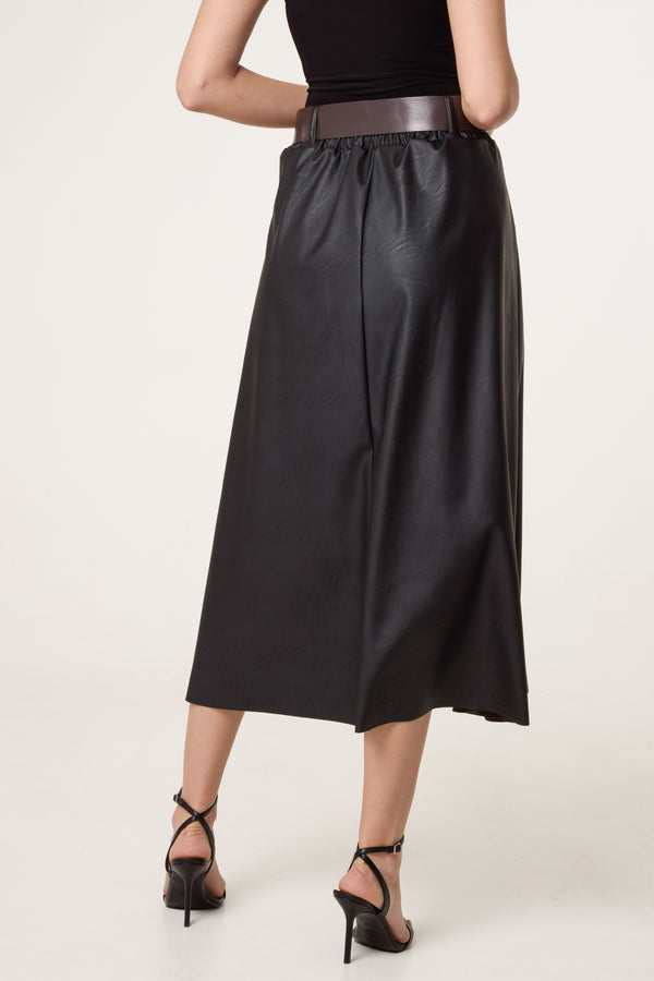 Qed London Belted Leather Look Midi Skirt