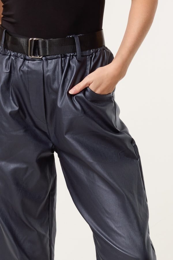 Qed London Belted PU Coated Barrel Leg Trousers