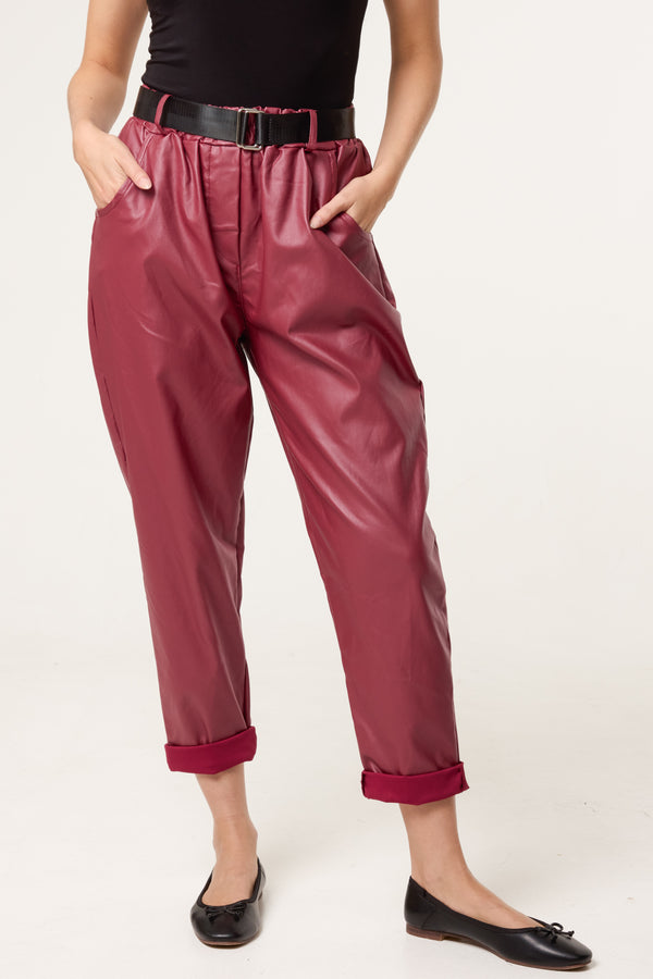 Qed London Belted PU Coated Barrel Leg Trousers