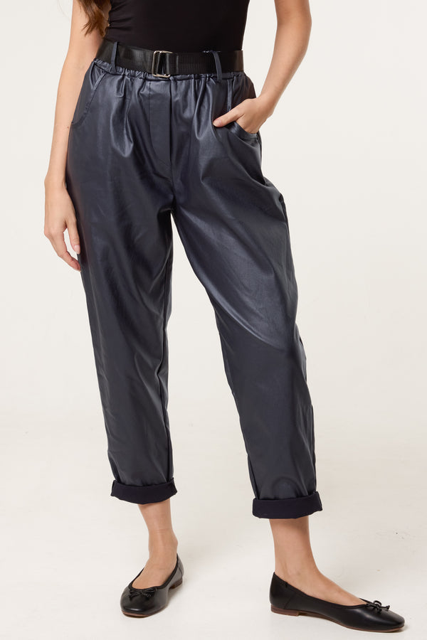 qed london Belted PU Coated Barrel Leg Trousers