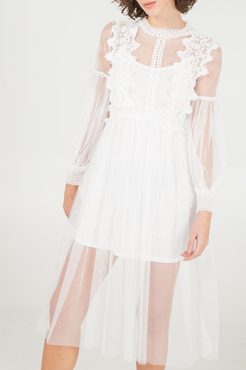 Qed London Bishop Sleeve Crochet Detail Mesh Dress