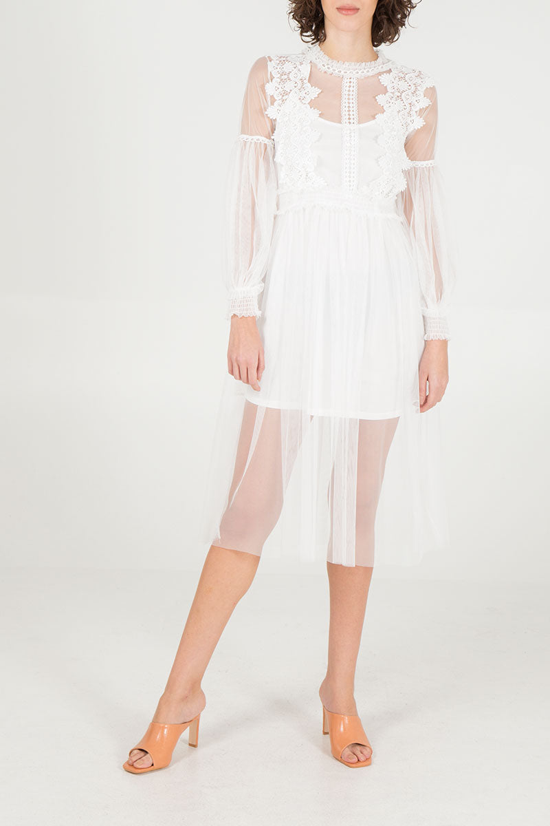 qed london Bishop Sleeve Crochet Detail Mesh Dress