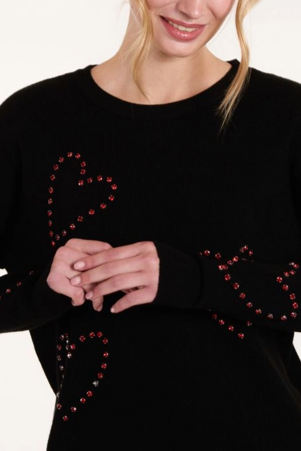 Qed London Black Rhinestone Heart Jumper