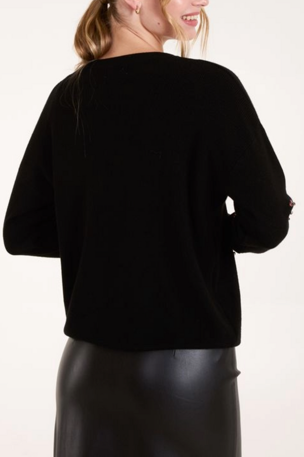 Qed London Black Rhinestone Heart Jumper