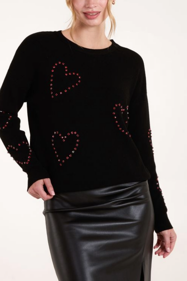 Qed London Black Rhinestone Heart Jumper