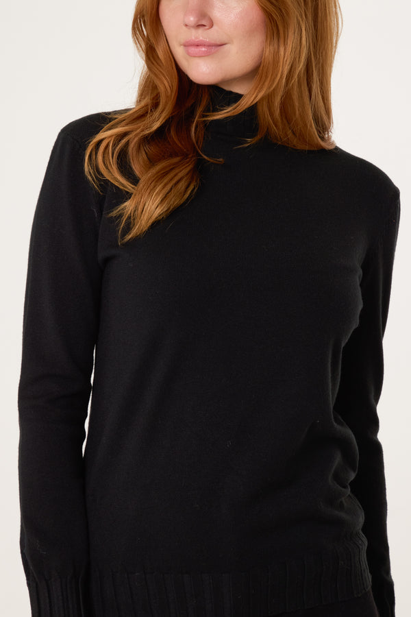 Qed London Black Ribbed Edge High Neck Jumper