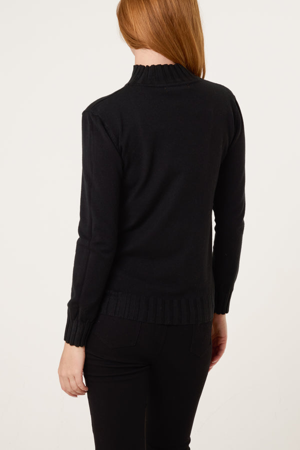 Qed London Black Ribbed Edge High Neck Jumper