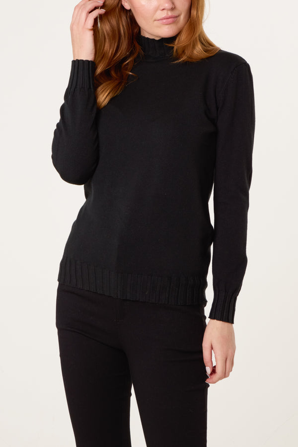 qed london Black Ribbed Edge High Neck Jumper