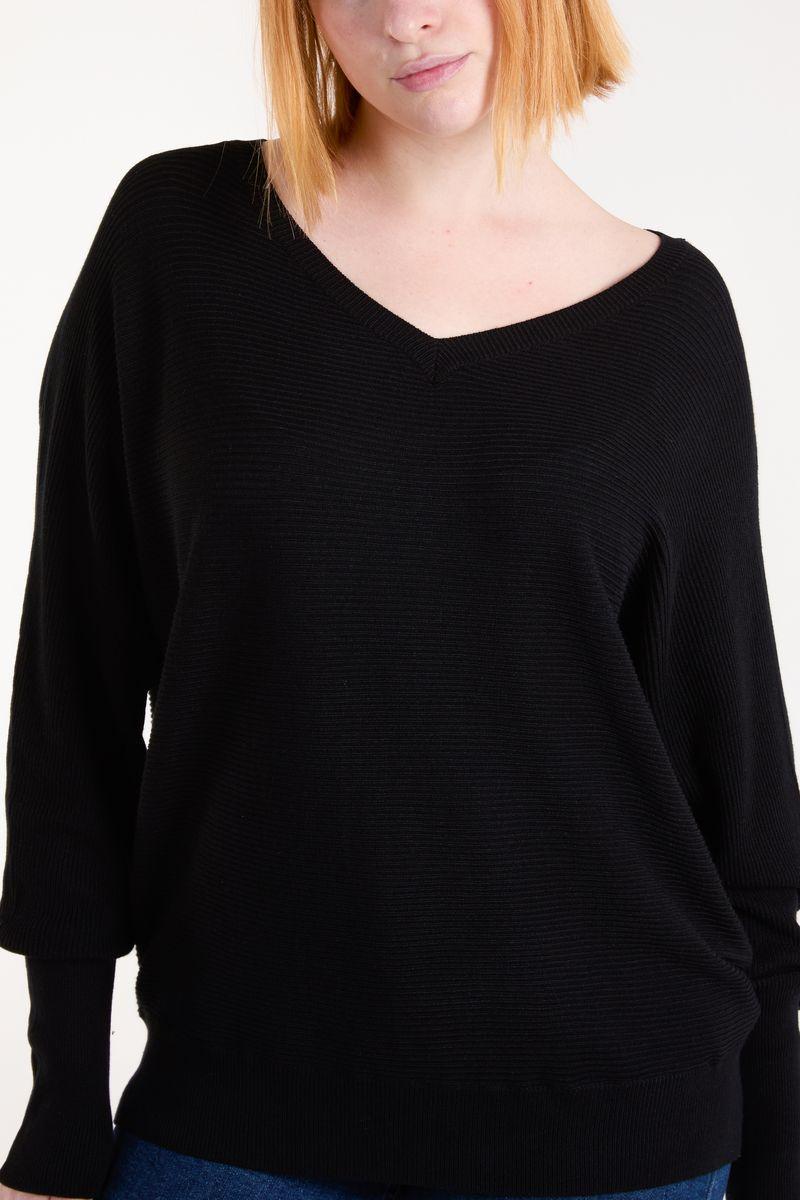 Qed London Black Ribbed Knit V-Neck Jumper