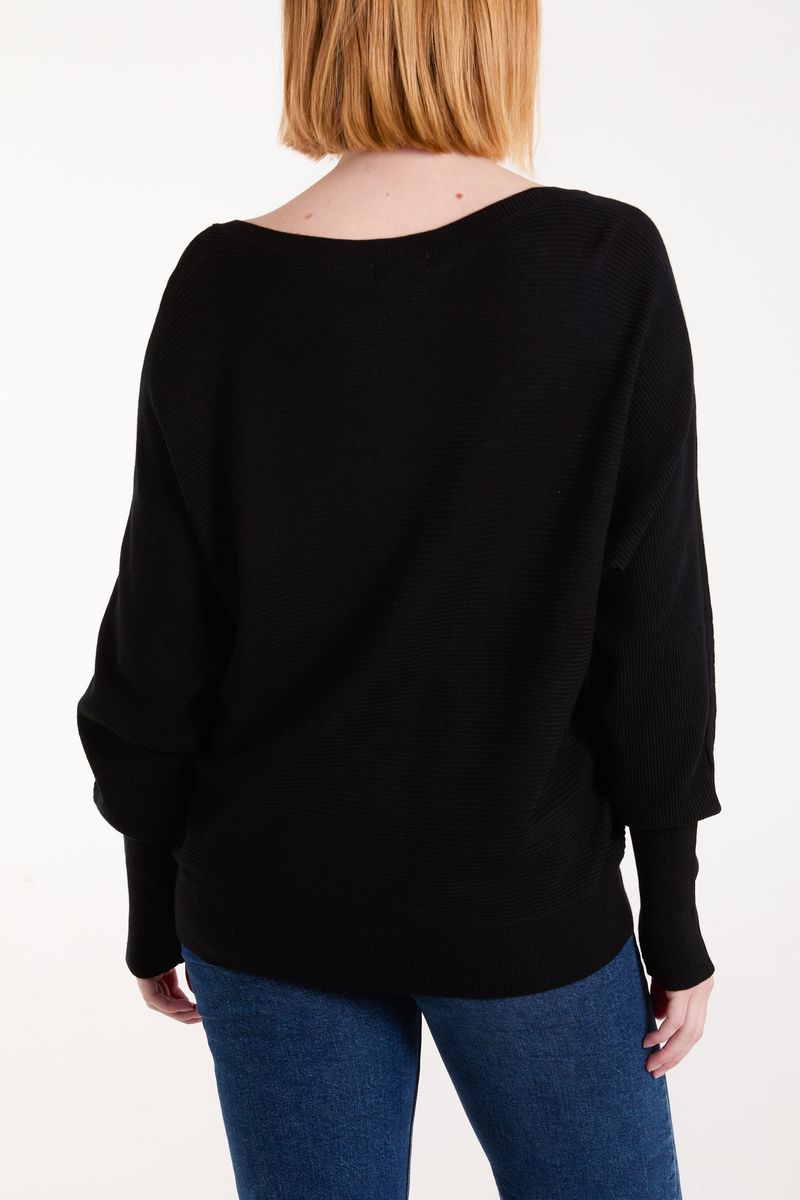 Qed London Black Ribbed Knit V-Neck Jumper
