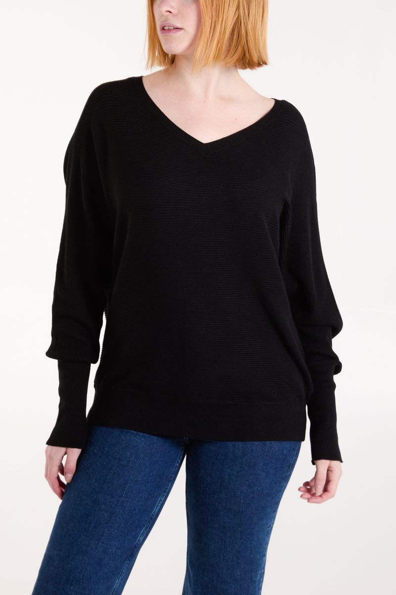 qed london Black Ribbed Knit V-Neck Jumper