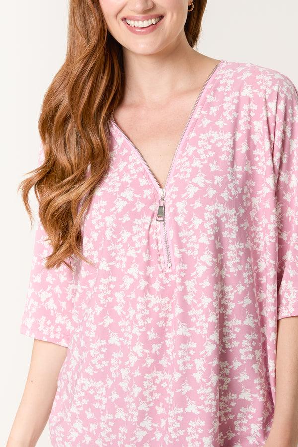 Qed London Blossom Print Zip Front Top