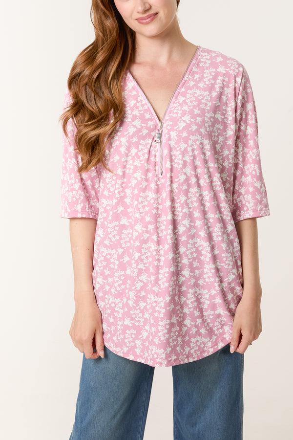 qed london Blossom Print Zip Front Top