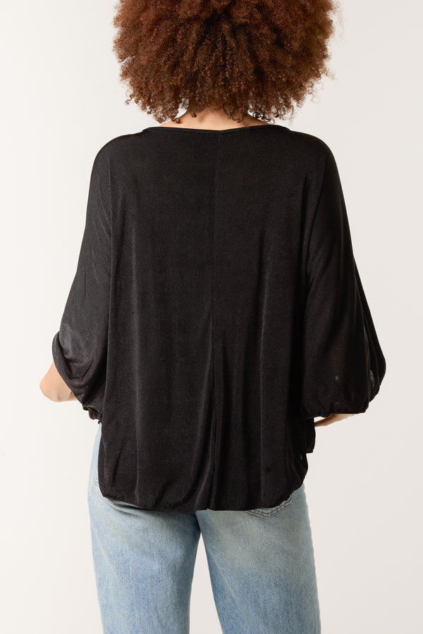 Qed London Boat Neck Flare Sleeve Acetate Top
