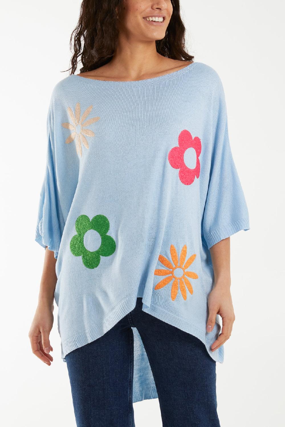 Qed London Boat Neck Floral High Low Knit Top