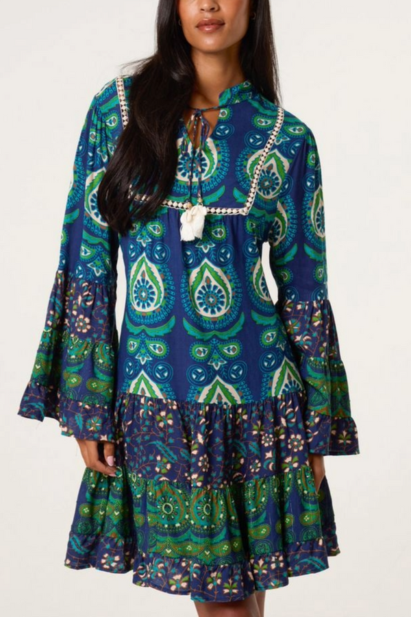 Qed London Boho Bell Sleeve Tassel Collar Dress