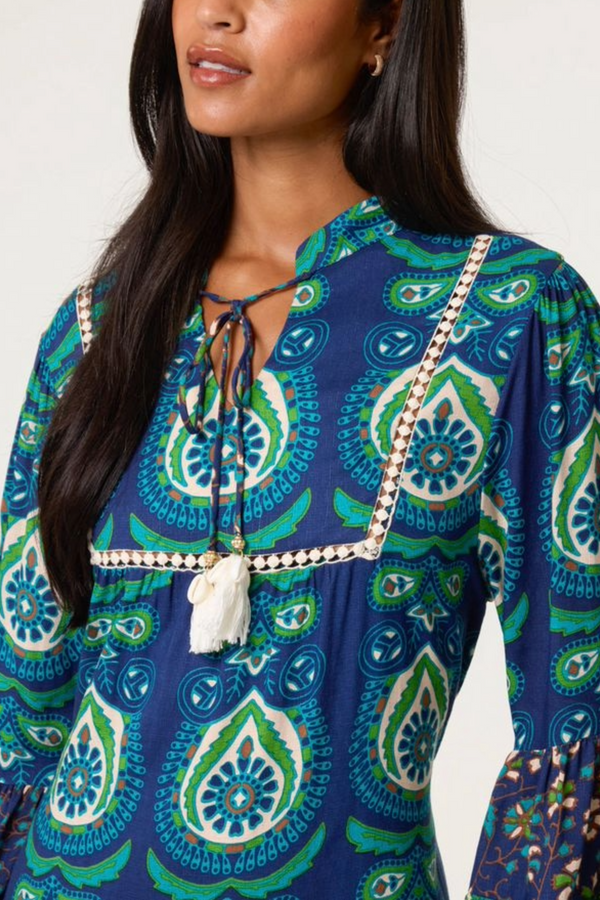 Qed London Boho Bell Sleeve Tassel Collar Dress