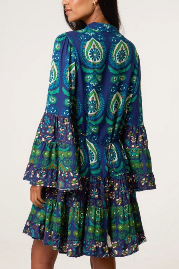 Qed London Boho Bell Sleeve Tassel Collar Dress