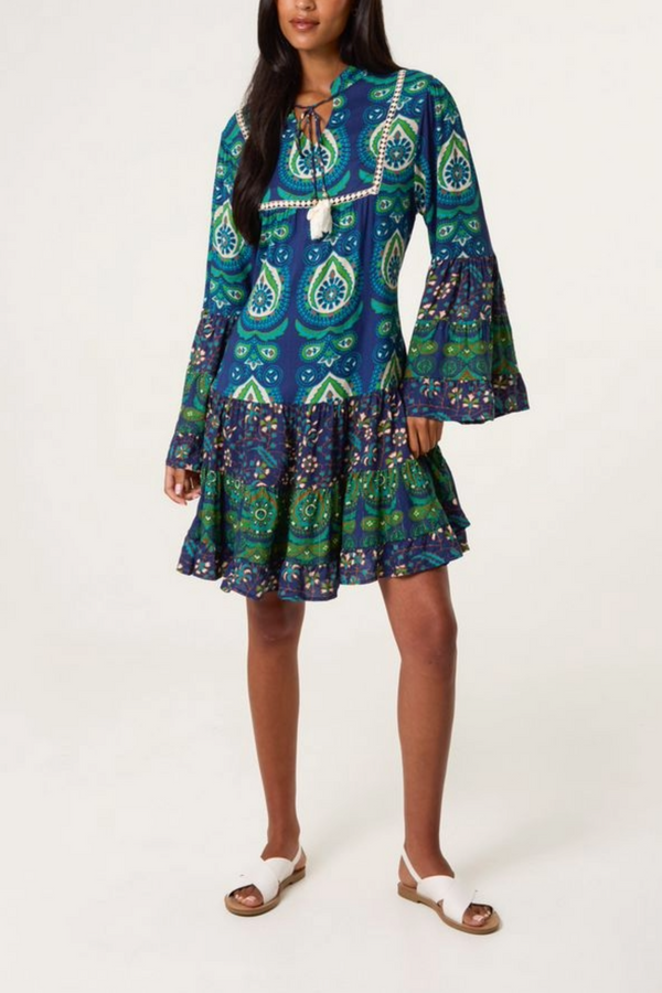 qed london Boho Bell Sleeve Tassel Collar Dress