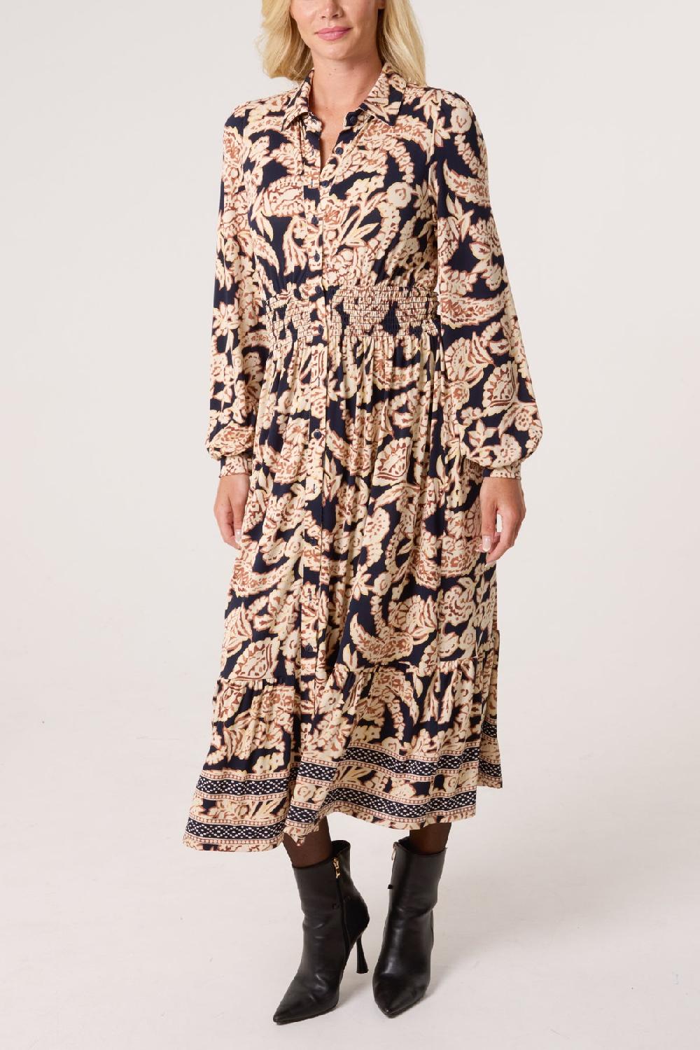 Qed London Border & Leaf Print Shirt Stretch Dress