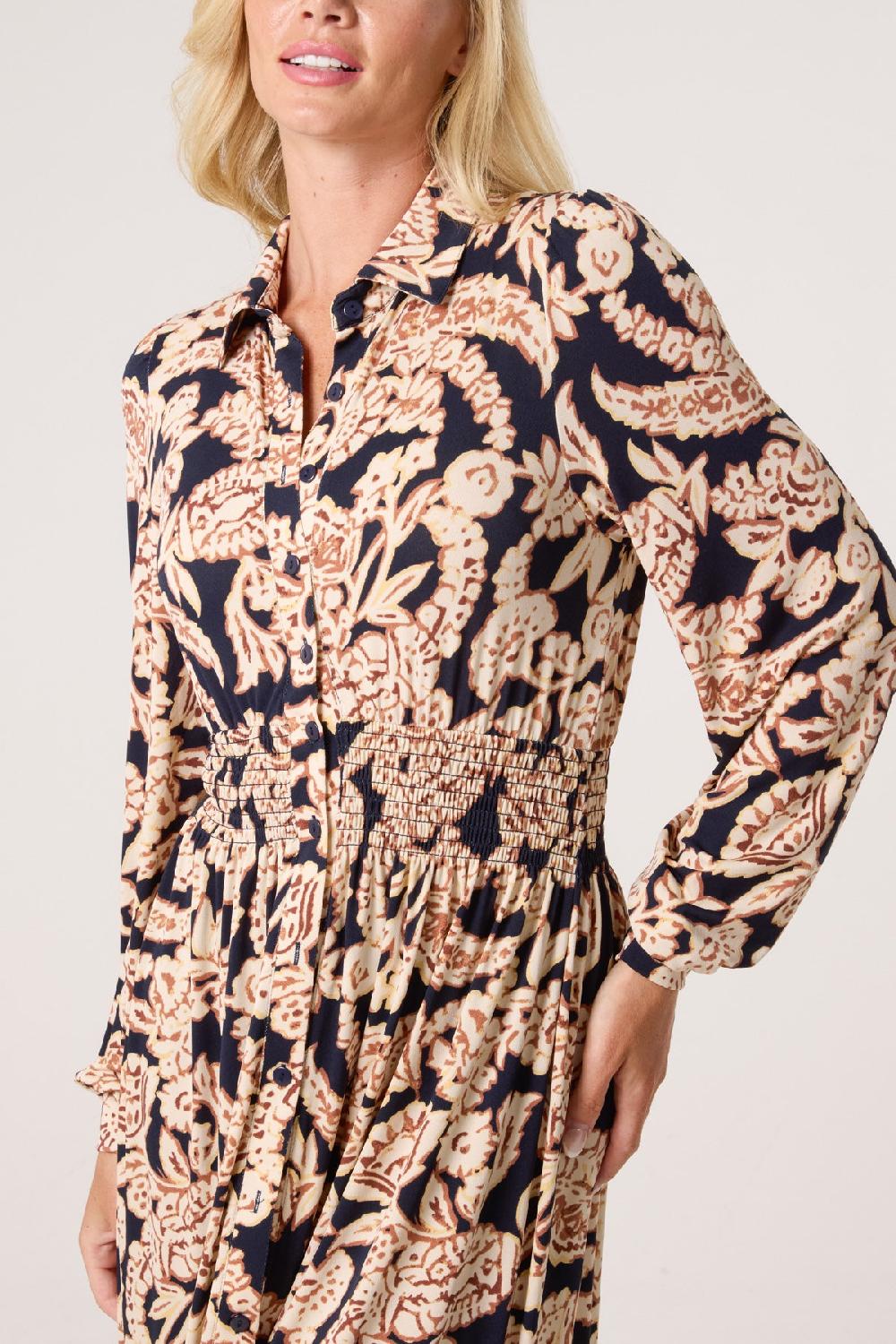 Qed London Border & Leaf Print Shirt Stretch Dress