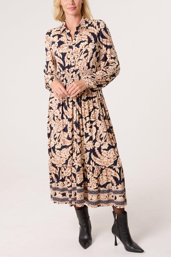 qed london Border & Leaf Print Shirt Stretch Dress