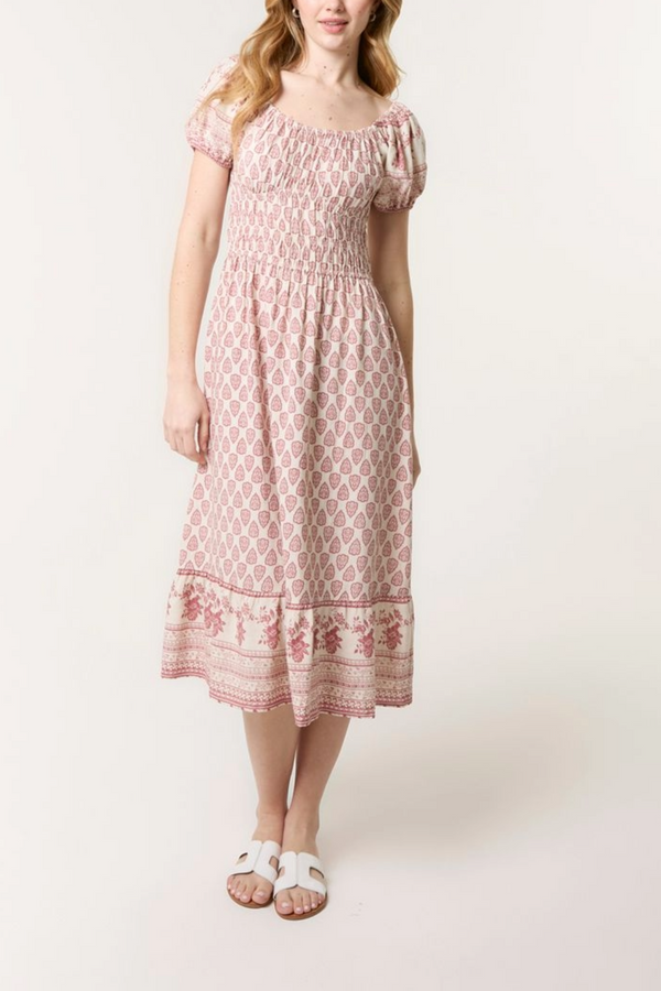 Qed London Border Print Corset Puff Midi Dress