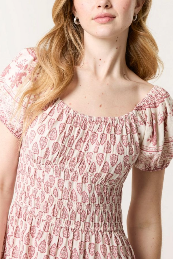 Qed London Border Print Corset Puff Midi Dress