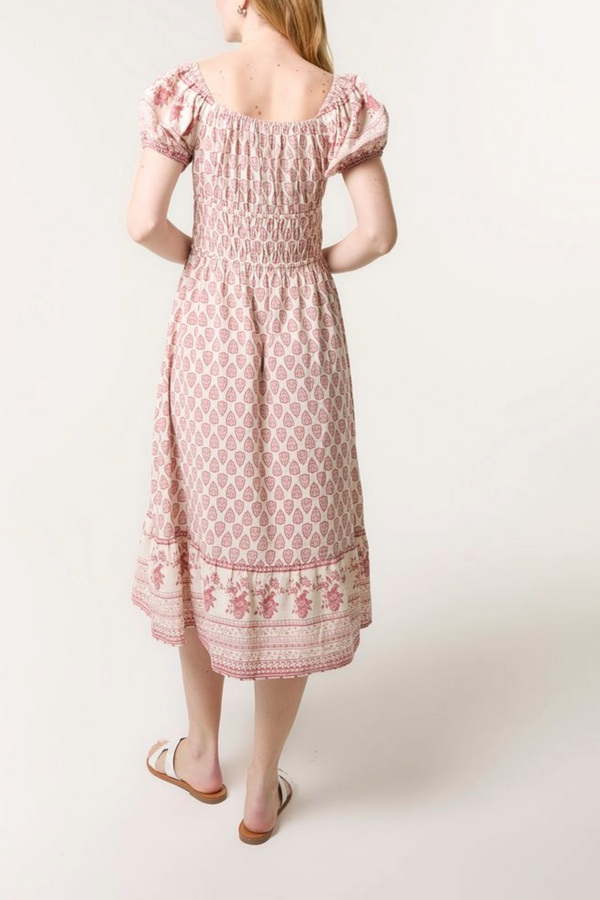 Qed London Border Print Corset Puff Midi Dress