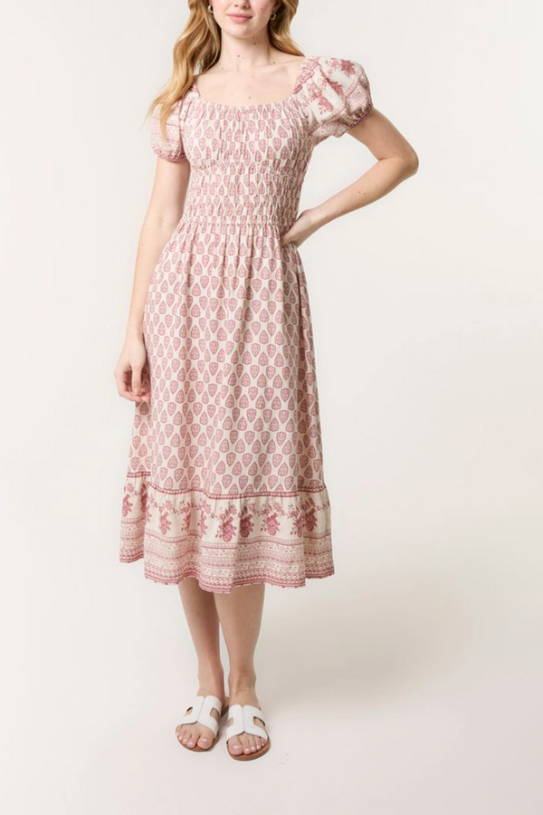 Qed London Border Print Corset Puff Midi Dress