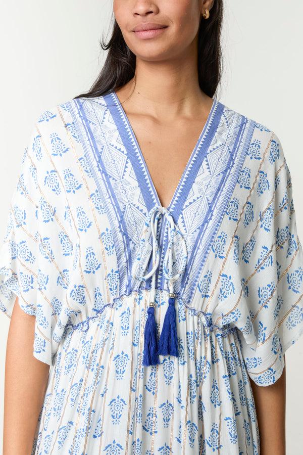 Qed London Border Print Tassel V-Neck Midi Dress