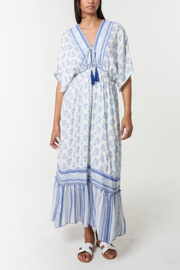 qed london Border Print Tassel V-Neck Midi Dress