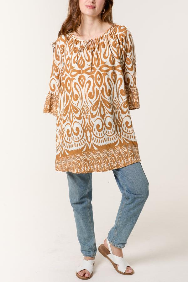 Qed London Border Print Top With Frill Sleeves