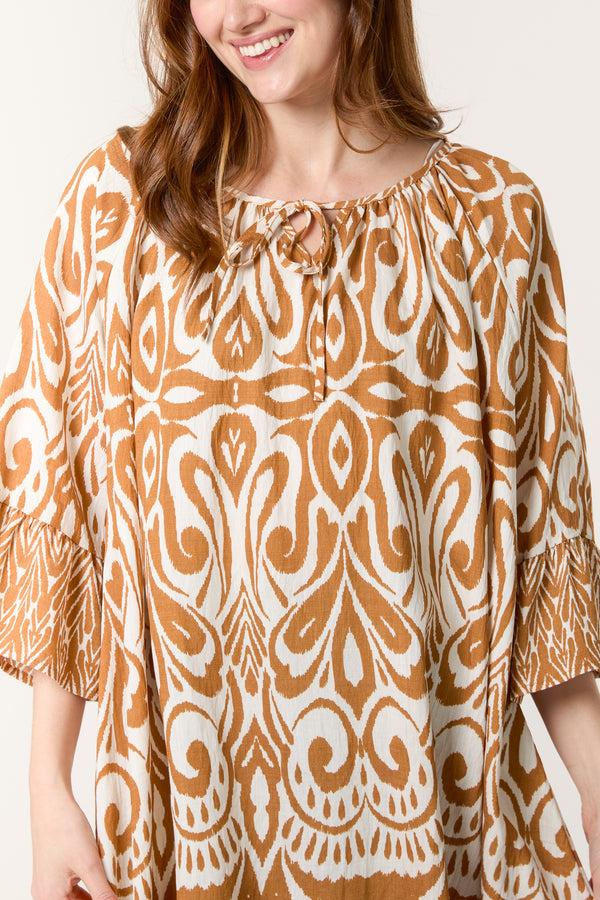 Qed London Border Print Top With Frill Sleeves