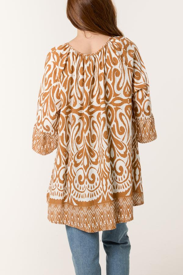 Qed London Border Print Top With Frill Sleeves