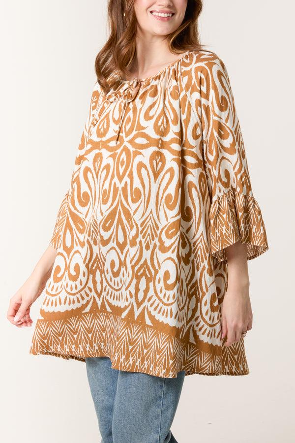 qed london Border Print Top With Frill Sleeves