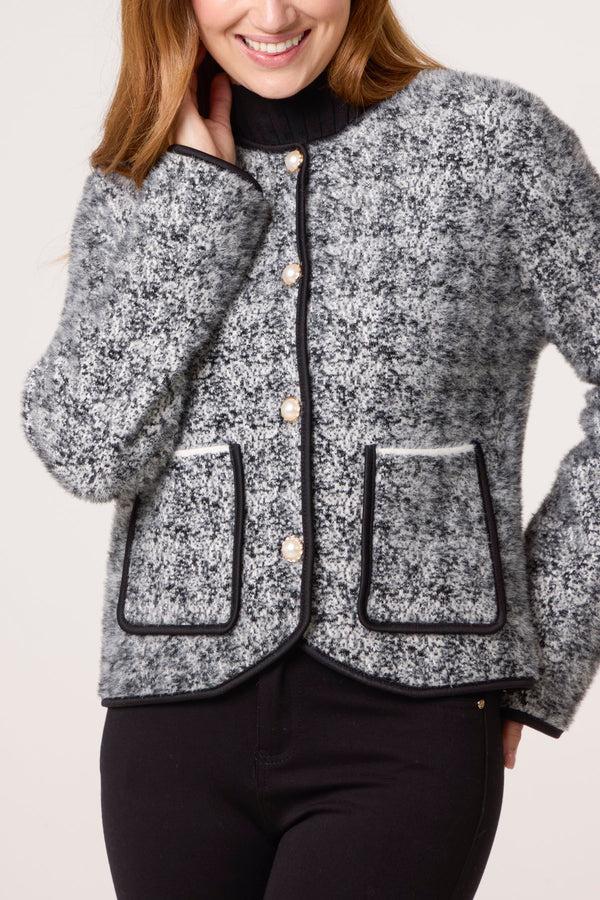 Qed London Boucle Knit Pearl Button Cardigan