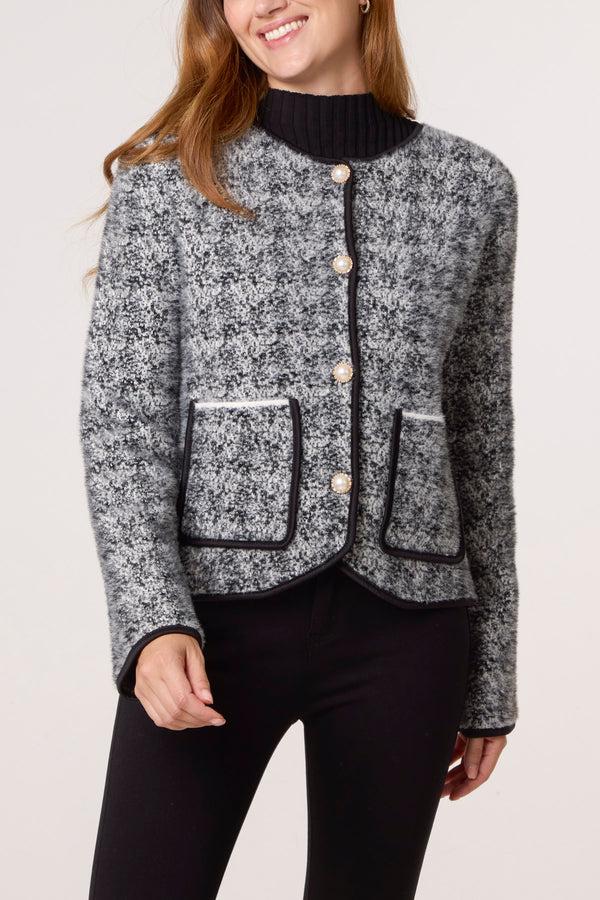 qed london Boucle Knit Pearl Button Cardigan