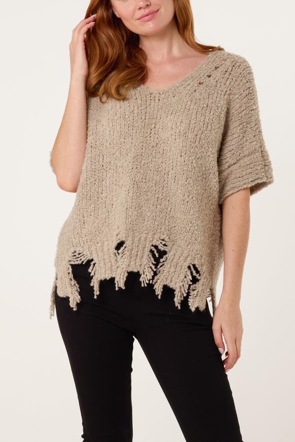 Qed London Boucle V-Neck Distress Hem Knit Top