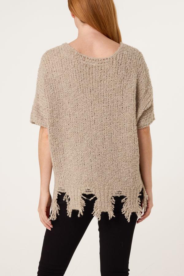Qed London Boucle V-Neck Distress Hem Knit Top