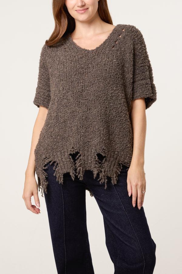 qed london Boucle V-Neck Distress Hem Knit Top
