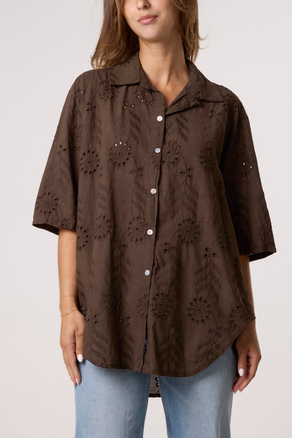qed london Broderie Anglaise Shell Button Shirt