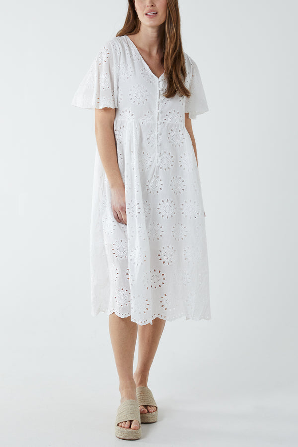 Qed London Broderie Tiered Button Smock Dress